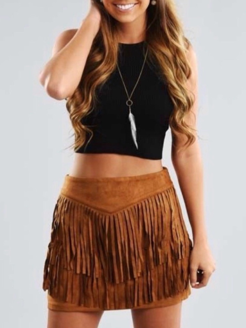 NWOT LA REINE Cognac Brown Faux Suede Fringed Mini Skirt Size Large